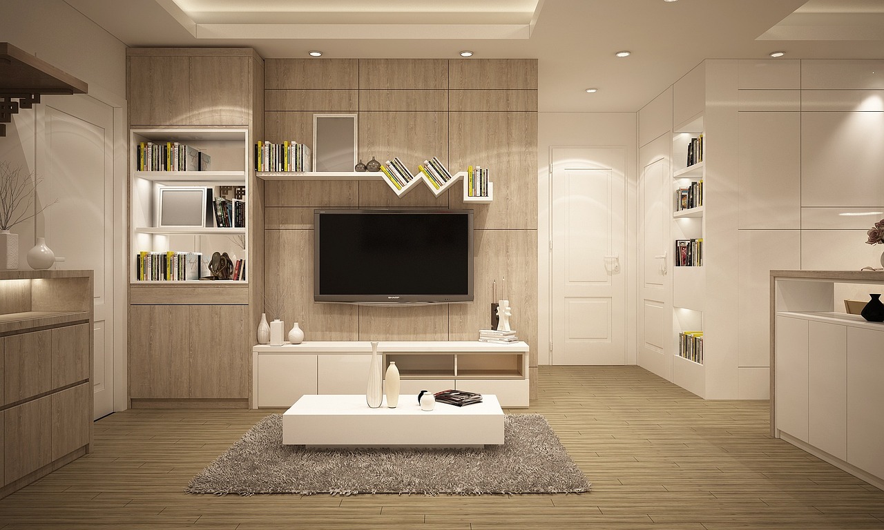 Light-wood living room with built-in shelving